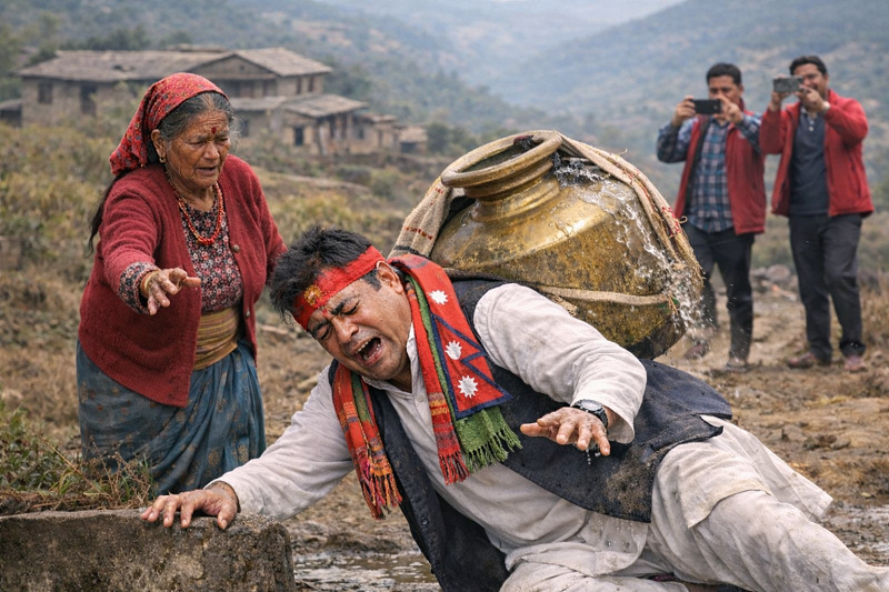 भोट माग्दै गाग्री बोकेर फोटो खिच्दा उम्मेदवार नै बल्ड्याङ !