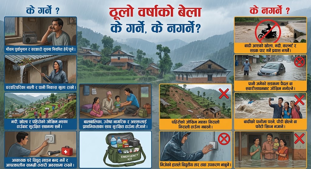 ठूलो वर्षाको बेला के गर्ने ? के नगर्ने ?